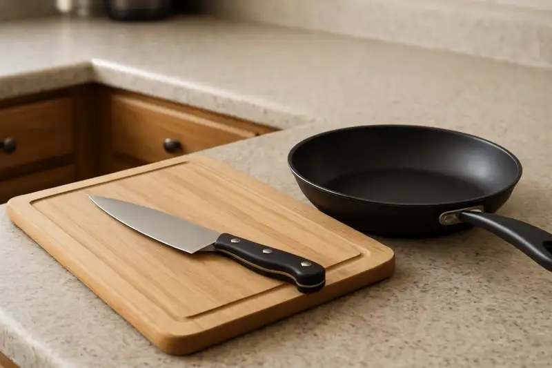 Editorial photograph of essential beginner kitchen tools including a knife, cutting board, and pan laid out on a counter