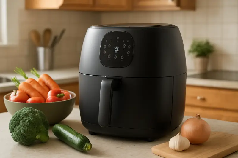 Editorial photograph of a large family-size air fryer on a kitchen counter with vegetables nearby