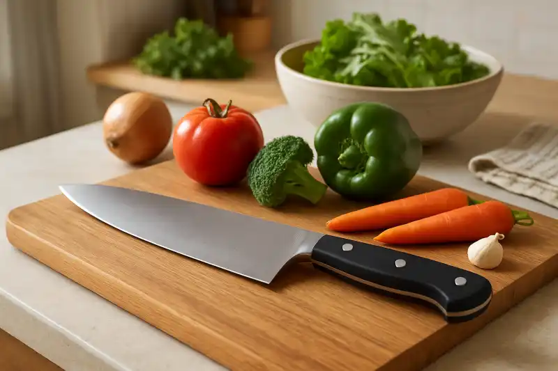 Editorial photograph of an affordable chef's knife resting on a wooden cutting board with fresh vegetables
