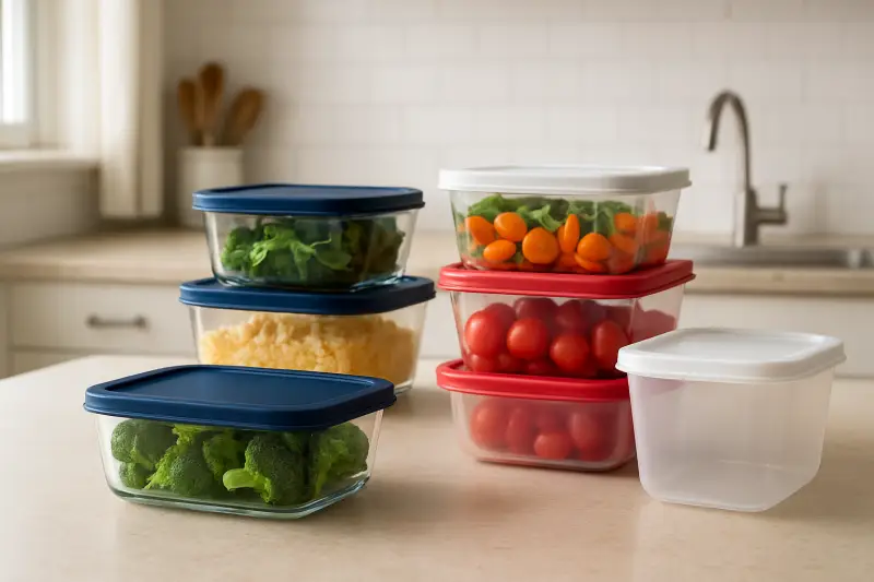 Editorial photograph of glass and plastic food storage containers arranged together on a kitchen counter