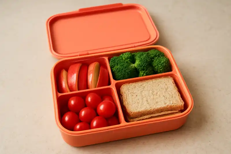 Editorial photograph of a colorful kids' bento lunch box with separated food compartments