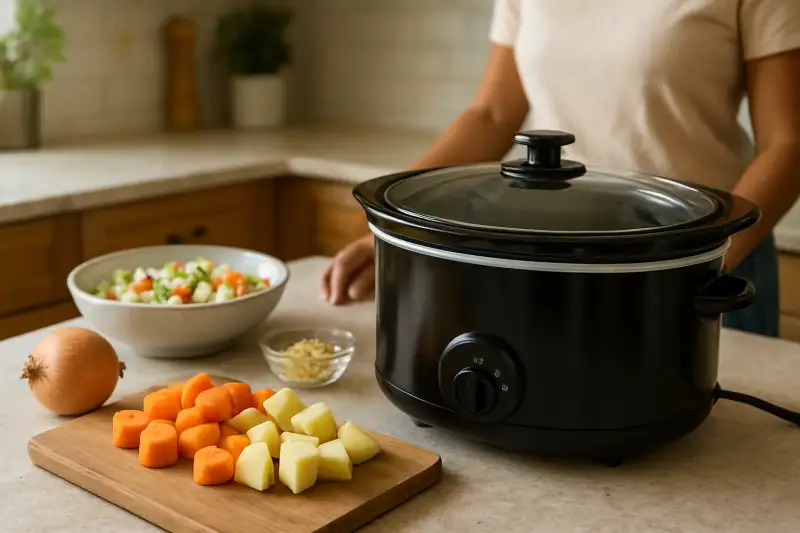 Editorial photograph of a slow cooker on a kitchen counter with prepped ingredients nearby