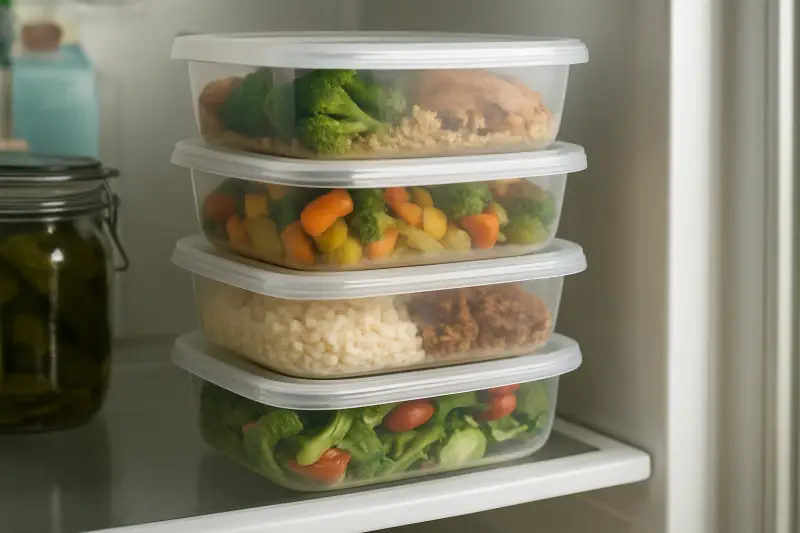 Editorial photograph of leakproof meal-prep containers with sealed lids stacked in a fridge