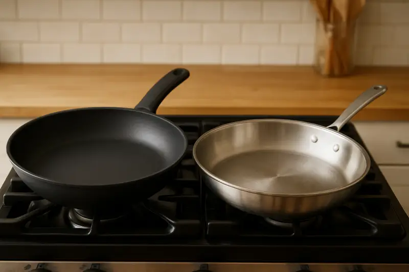 Editorial photograph of a nonstick pan and a stainless steel pan side by side on a stovetop