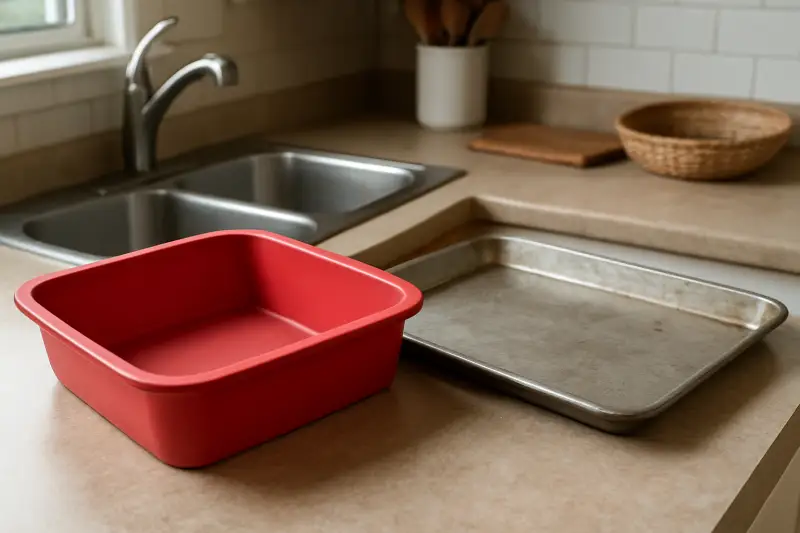 Editorial photograph of a silicone baking pan next to a metal baking sheet on a kitchen counter