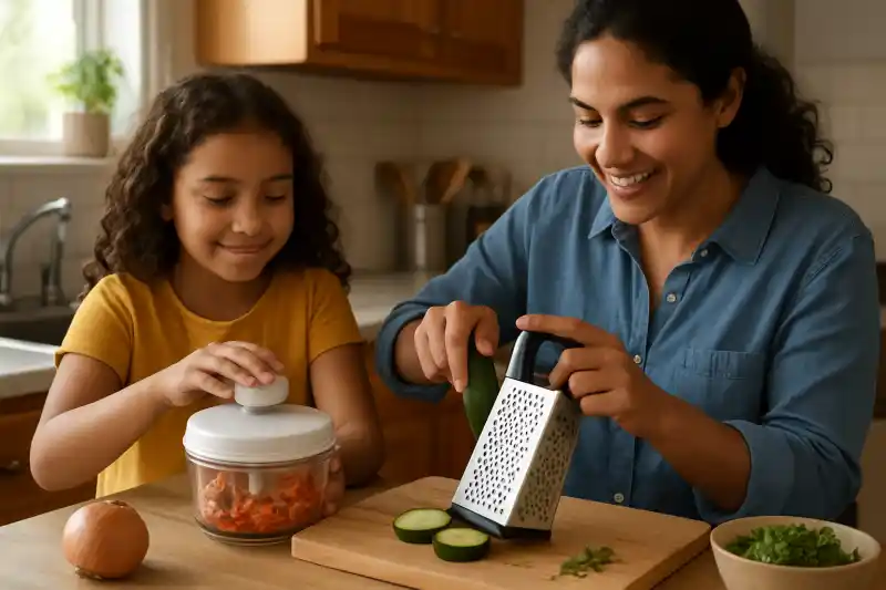 Editorial photograph of time-saving prep gadgets including a manual chopper and grater on a busy family kitchen counter