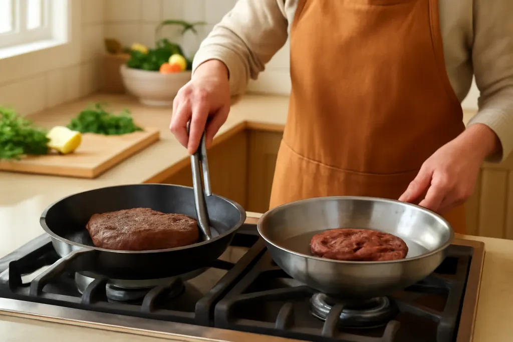 Photo illustrating cast iron vs stainless steel searing