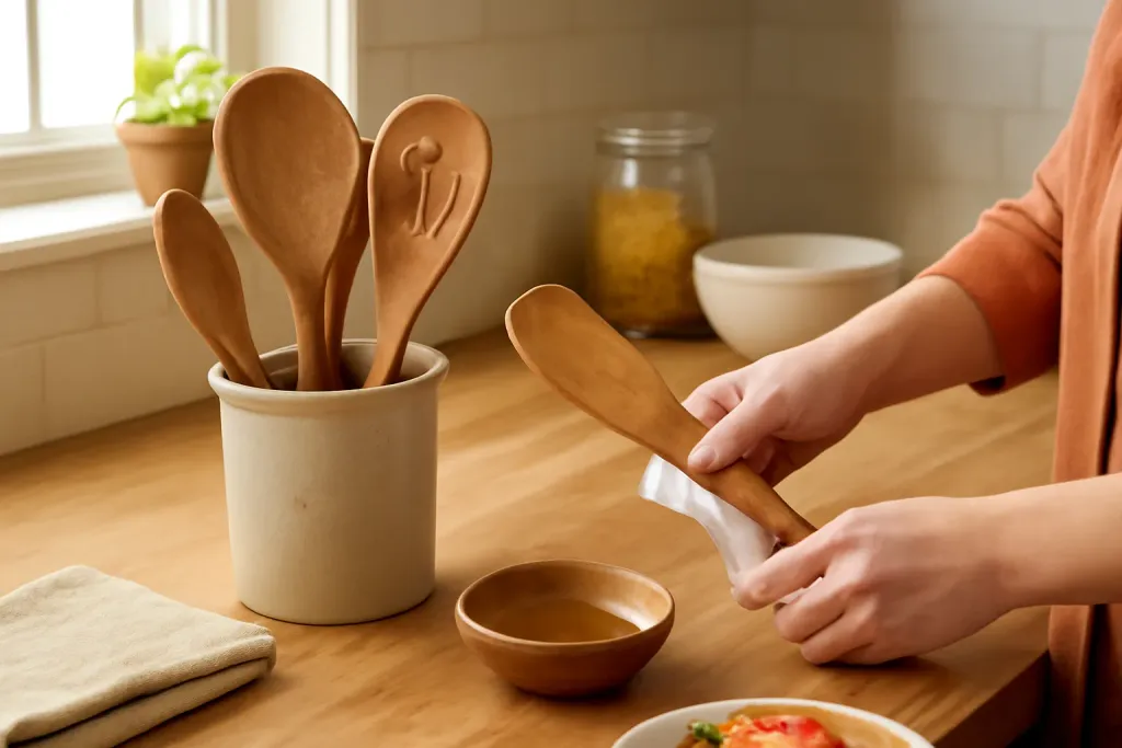 Photo illustrating care for wooden cooking utensils