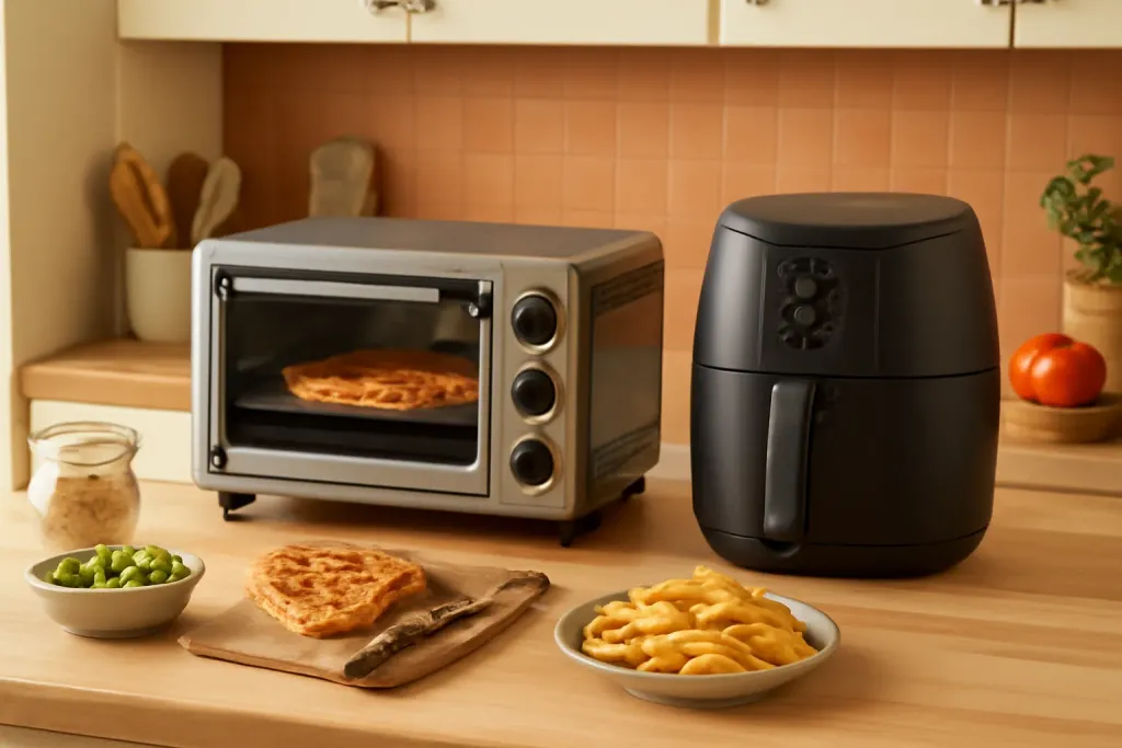 Photo illustrating toaster oven vs air fryer