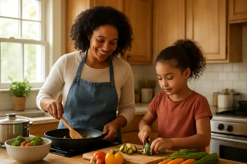 Editorial photograph of a family cooking together in a warm, bright home kitchen with everyday cookware on the counter
