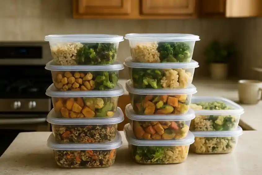 Editorial photograph (generic category image, not the exact linked listing) representing glass meal-prep container set