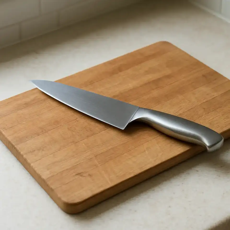 AI-generated editorial product photograph (not the exact linked listing) of affordable chef's knife