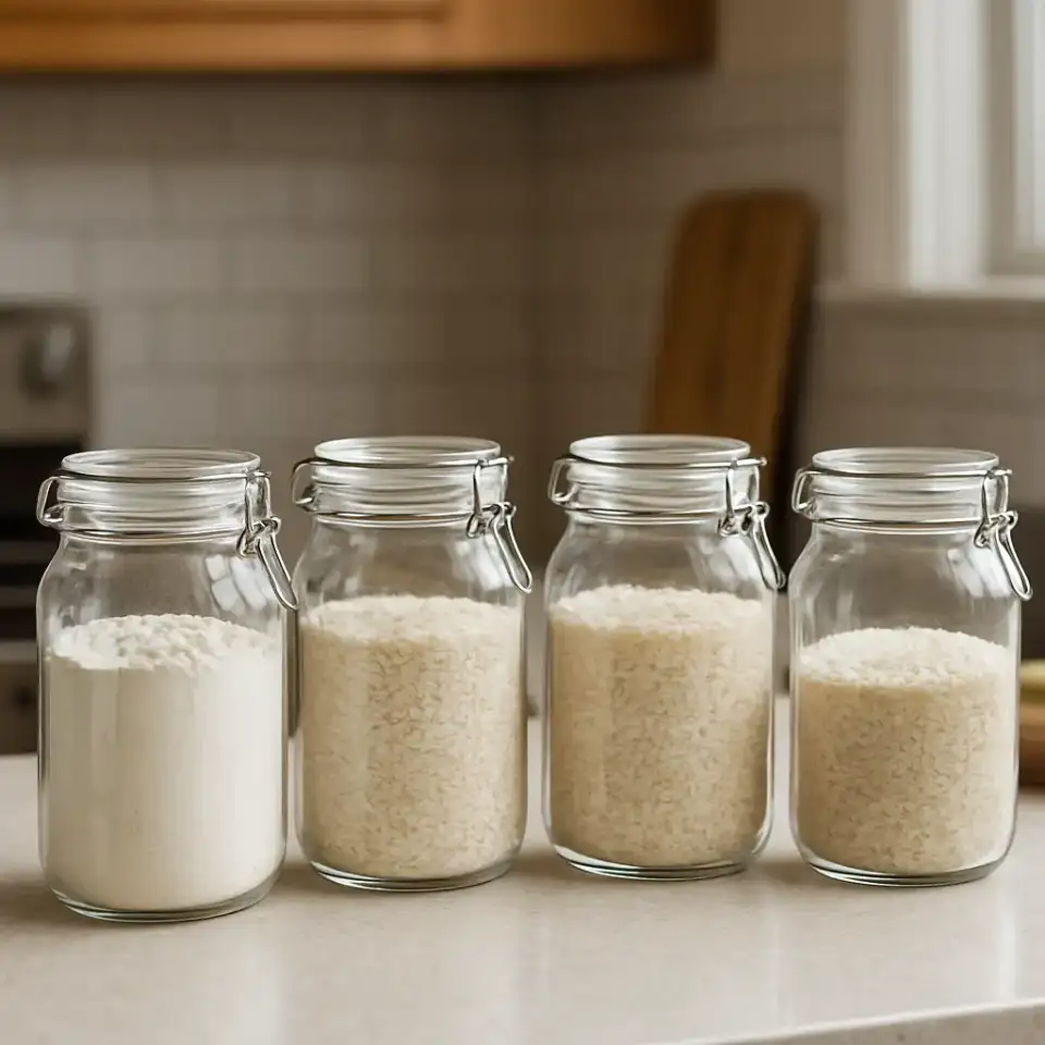 AI-generated editorial product photograph (not the exact linked listing) of airtight pantry canister set