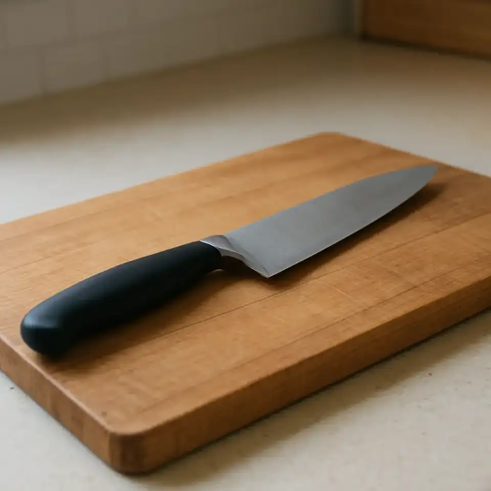 AI-generated editorial product photograph (not the exact linked listing) of basic knife and cutting board set