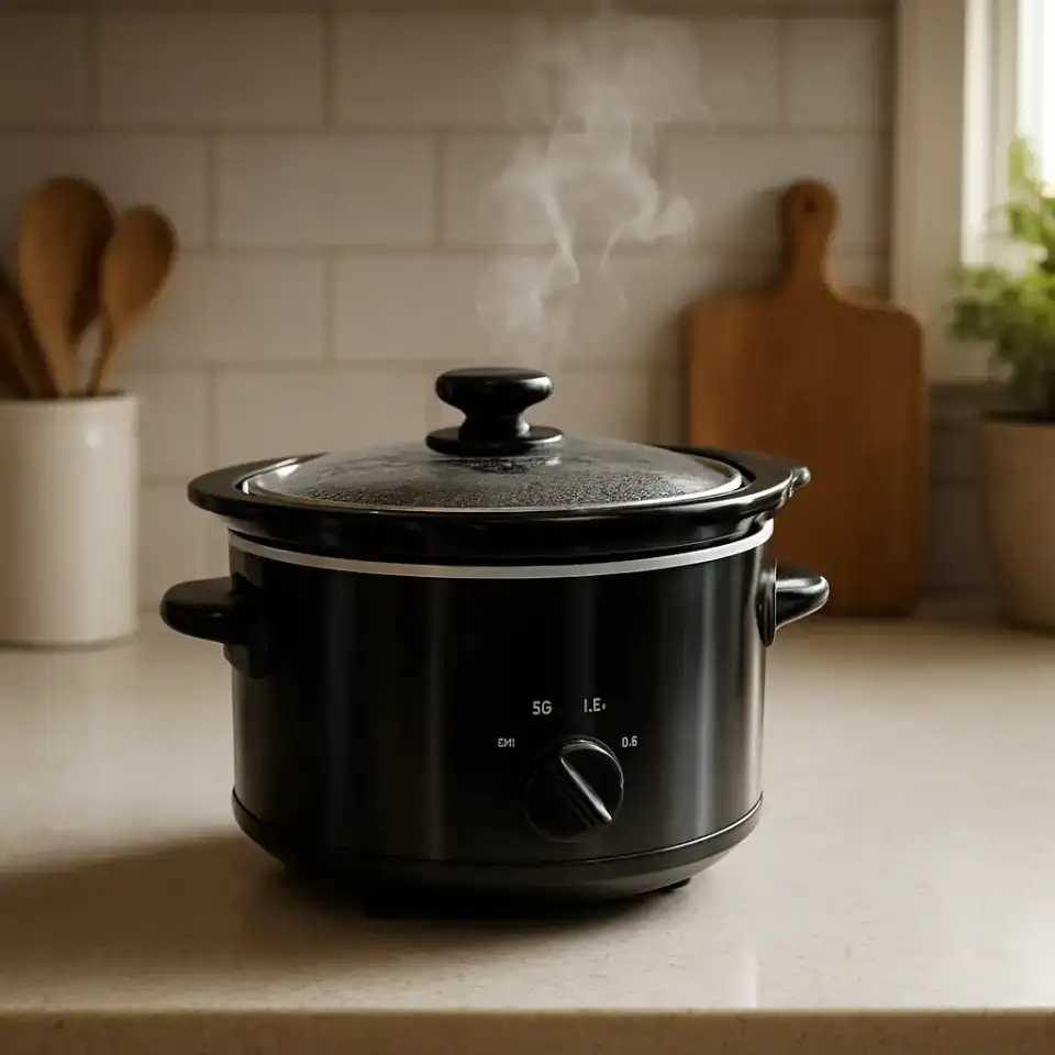 AI-generated editorial product photograph (not the exact linked listing) of compact slow cooker