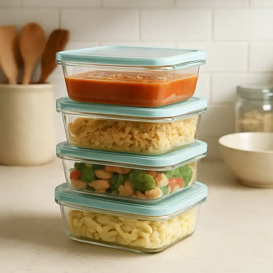 AI-generated editorial product photograph (not the exact linked listing) of glass food storage set
