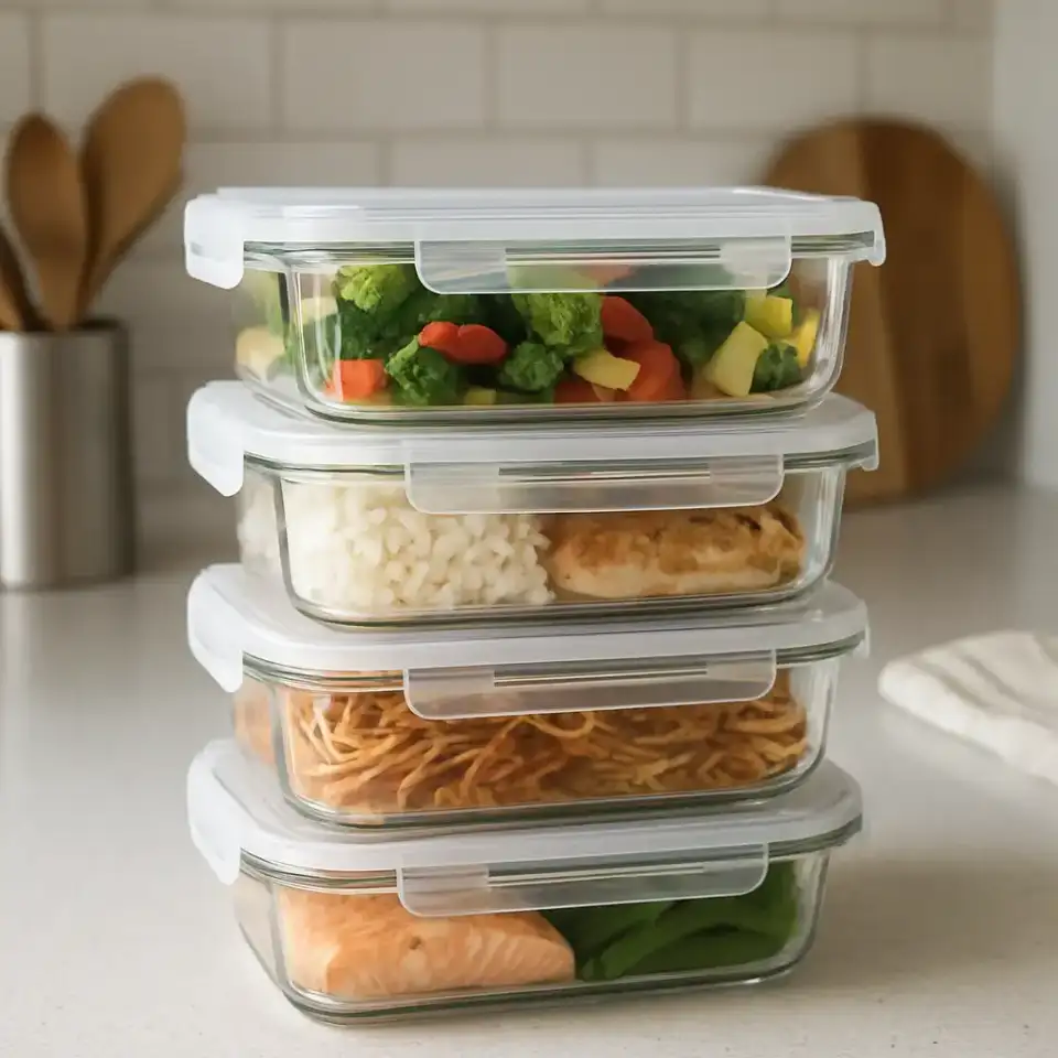 AI-generated editorial product photograph (not the exact linked listing) of glass meal-prep container set