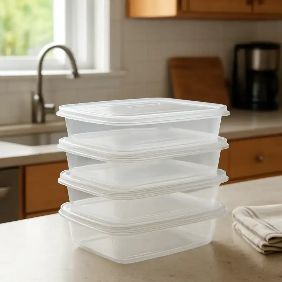 AI-generated editorial product photograph (not the exact linked listing) of leakproof meal-prep container set
