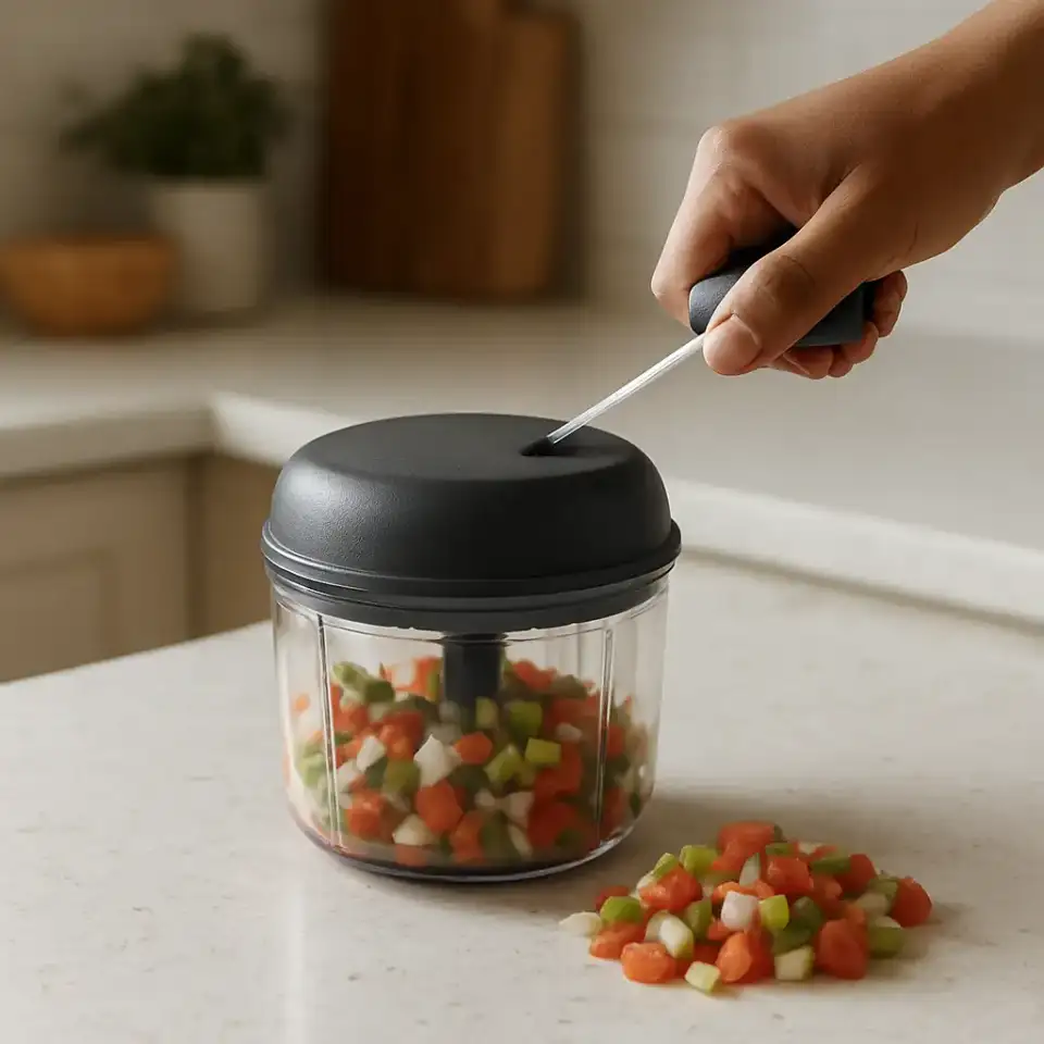 AI-generated editorial product photograph (not the exact linked listing) of manual food chopper