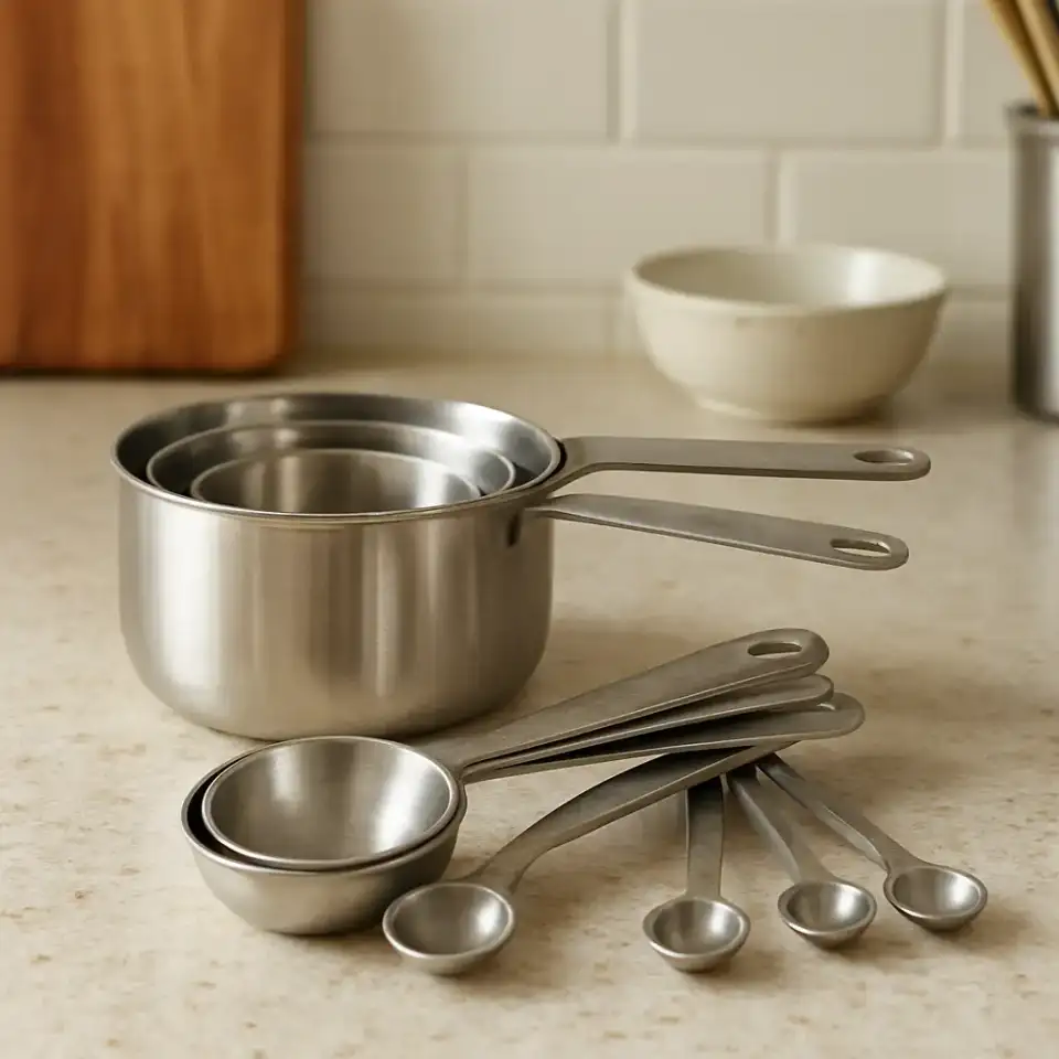 AI-generated editorial product photograph (not the exact linked listing) of measuring cups and spoons set