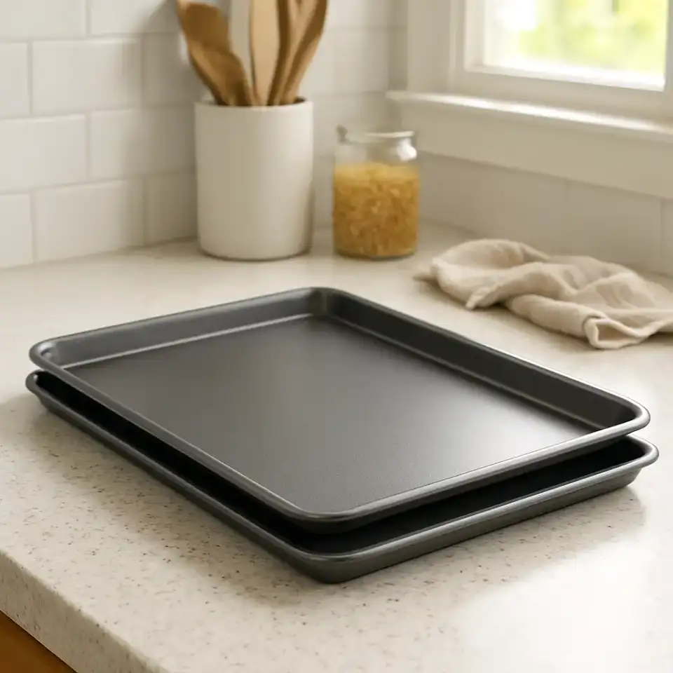 AI-generated editorial product photograph (not the exact linked listing) of nonstick baking sheet set
