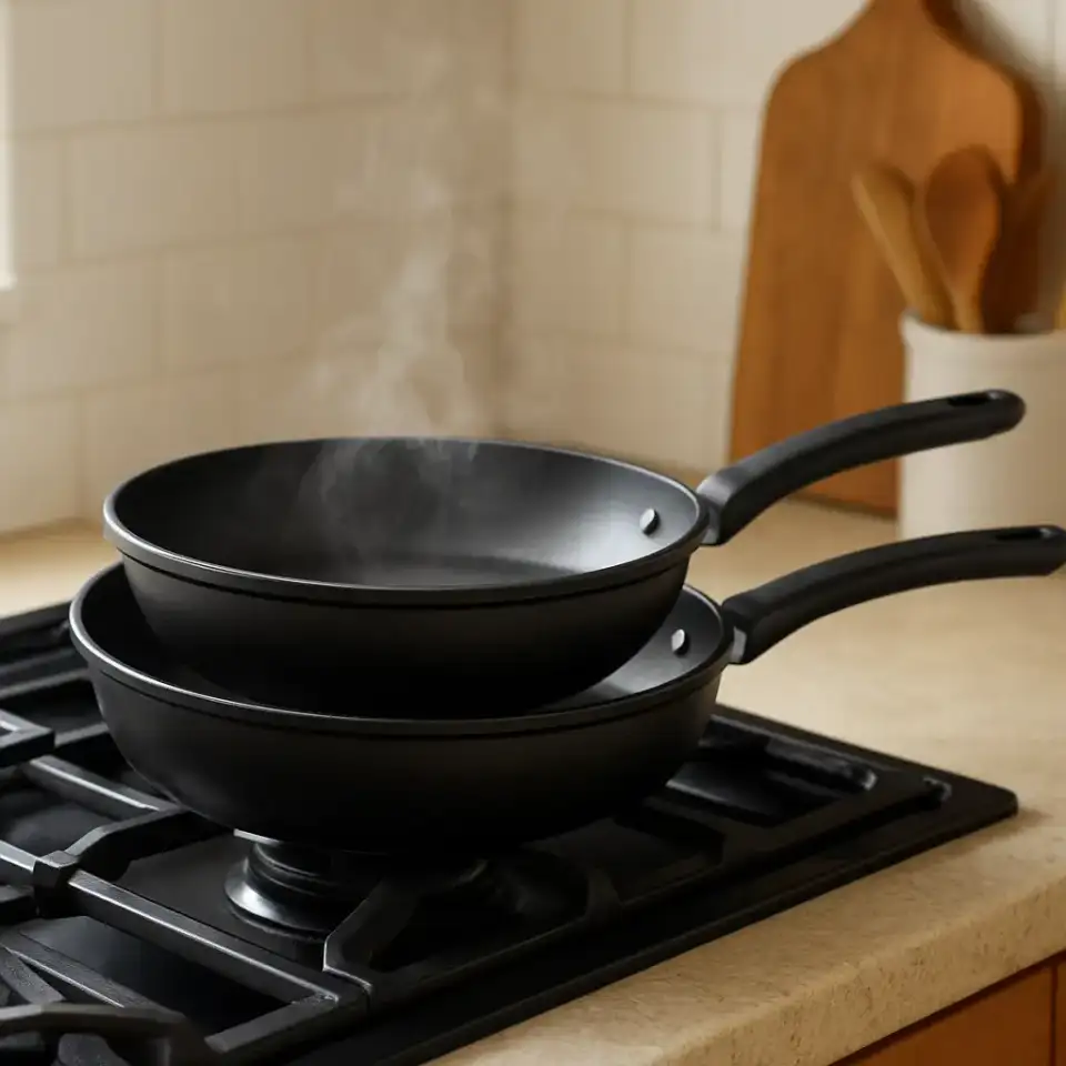 AI-generated editorial product photograph (not the exact linked listing) of nonstick starter frying pan set