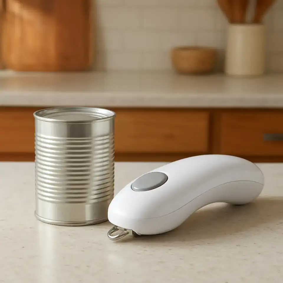 AI-generated editorial product photograph (not the exact linked listing) of one-touch can opener