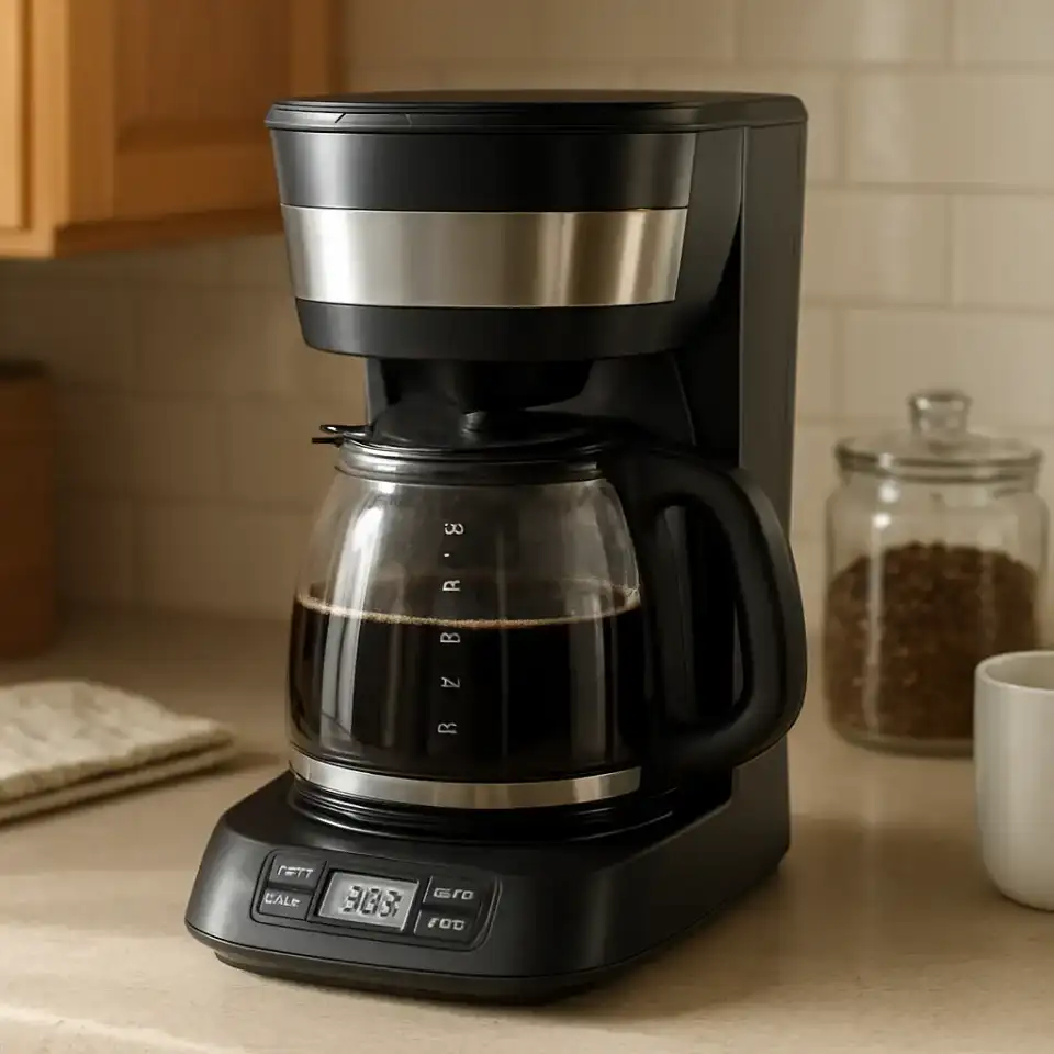 AI-generated editorial product photograph (not the exact linked listing) of programmable coffee maker