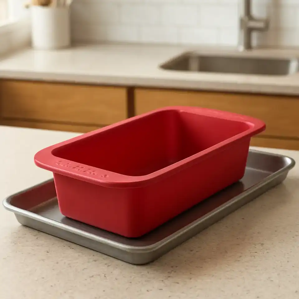 AI-generated editorial product photograph (not the exact linked listing) of silicone baking pan