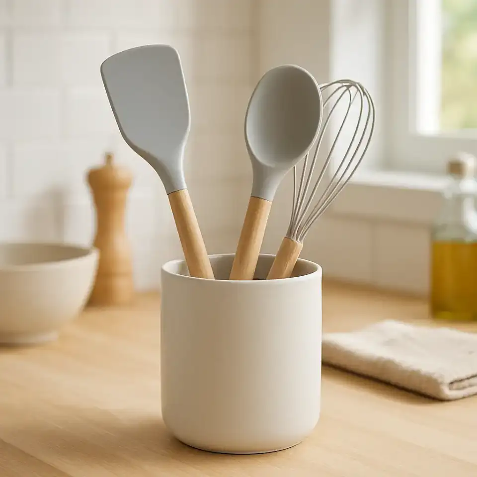 AI-generated editorial product photograph (not the exact linked listing) of silicone utensil set