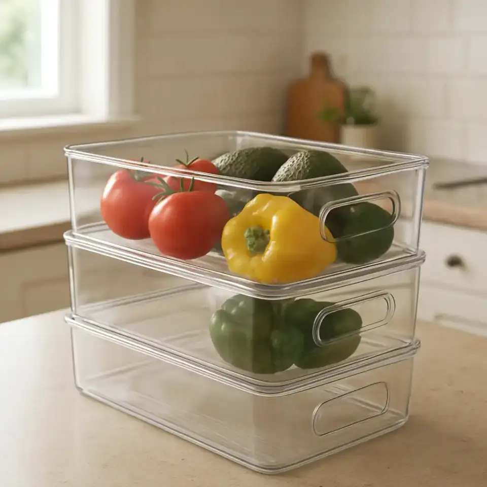 AI-generated editorial product photograph (not the exact linked listing) of stackable fridge organizer bins