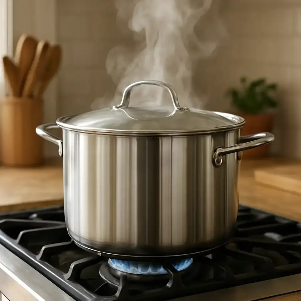 AI-generated editorial product photograph (not the exact linked listing) of stainless steel stockpot