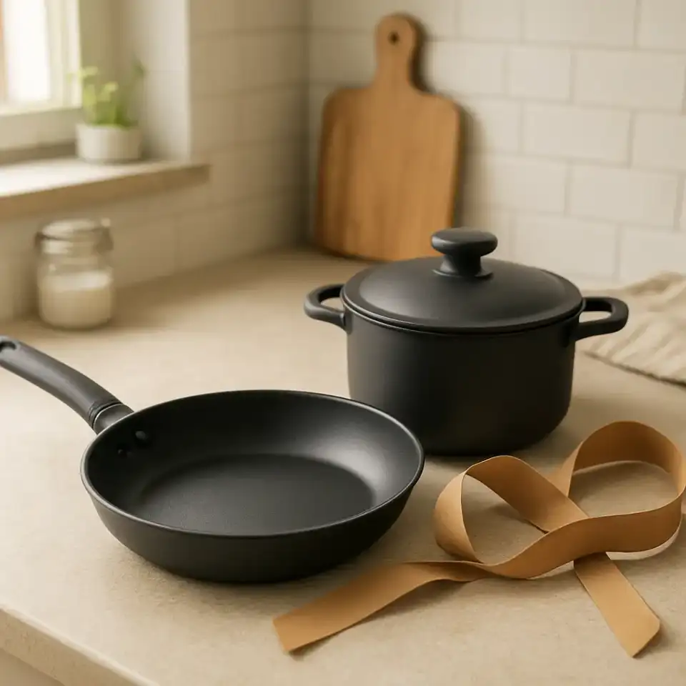 AI-generated editorial product photograph (not the exact linked listing) of starter cookware gift set