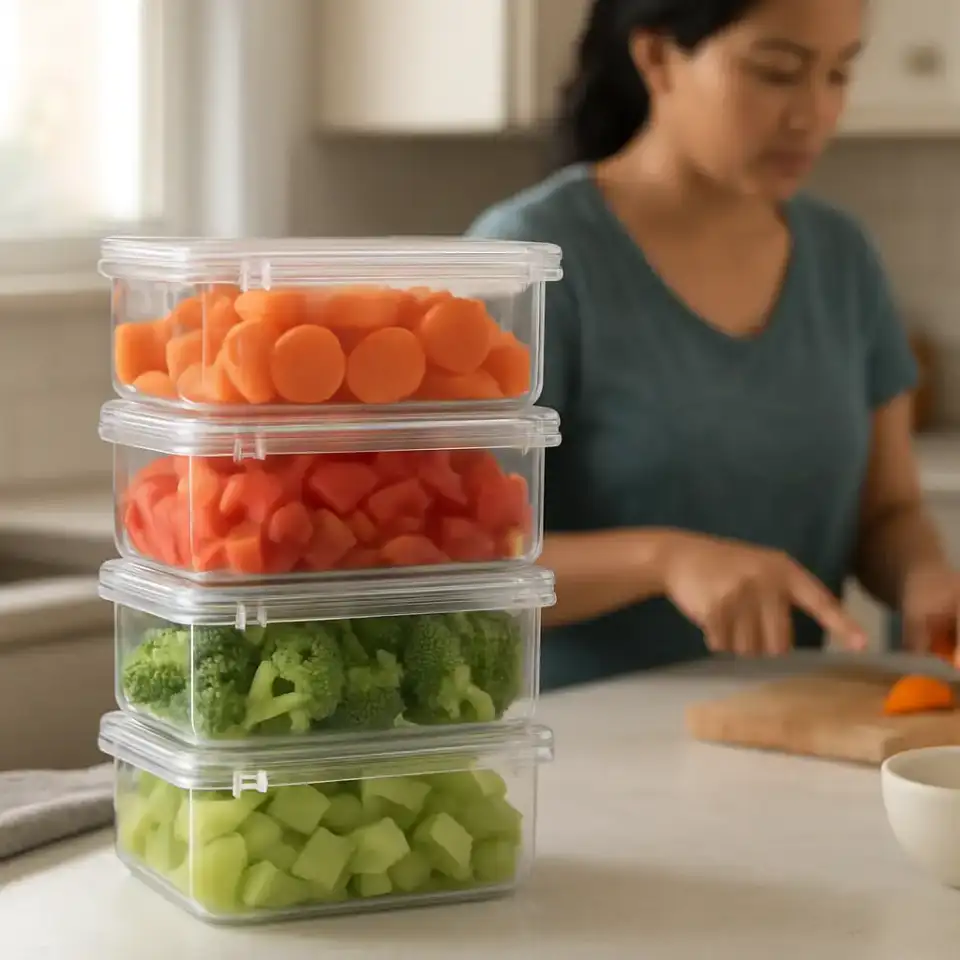 AI-generated editorial product photograph (not the exact linked listing) of weekly meal-prep organizer bins